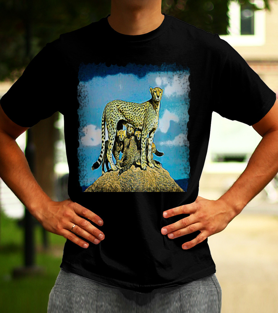 Caution: Majestic Cheetah Family On Watchful Guard At Sunset T-Shirt