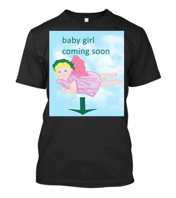 Baby Girl Coming Soon Flying Fairy With Green Arrow On Cloud Background T-Shirt