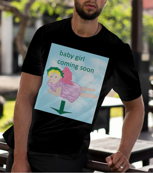 Baby Girl Coming Soon Flying Fairy With Green Arrow On Cloud Background T-Shirt