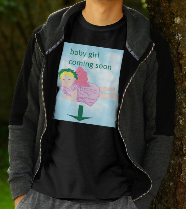 Baby Girl Coming Soon Flying Fairy With Green Arrow On Cloud Background T-Shirt