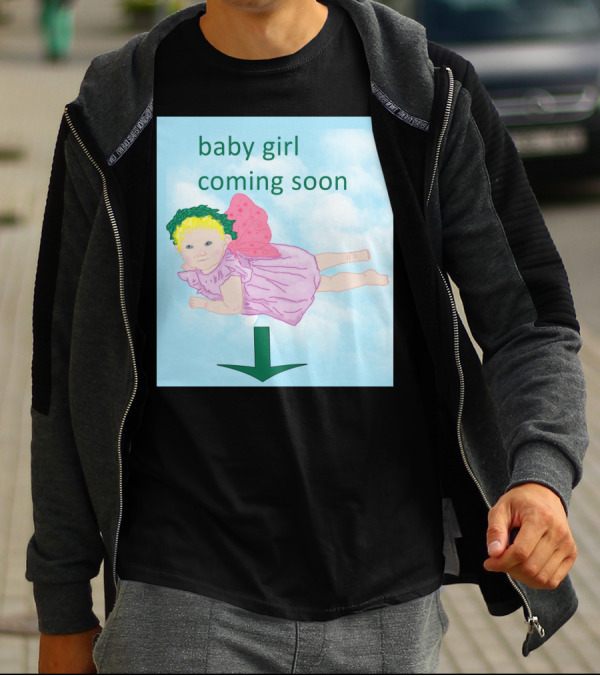 Baby Girl Coming Soon Flying Fairy With Green Arrow On Cloud Background T-Shirt