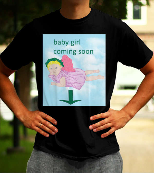 Baby Girl Coming Soon Flying Fairy With Green Arrow On Cloud Background T-Shirt