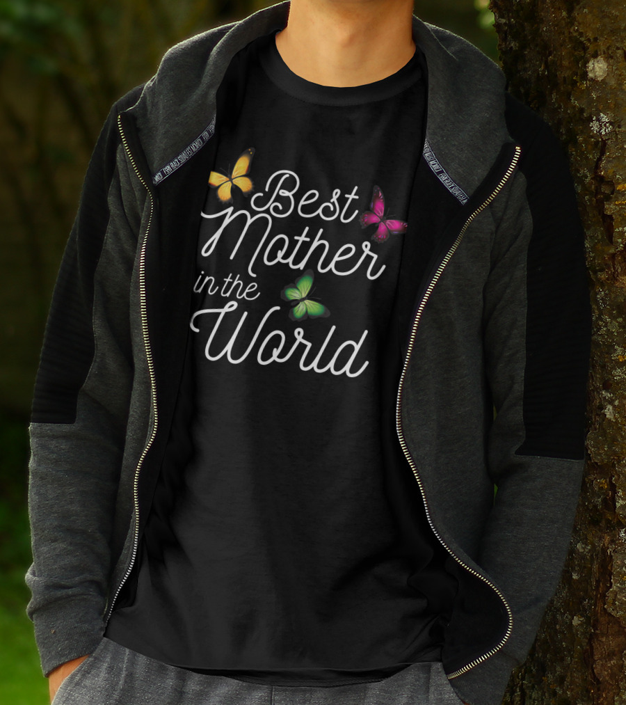 Best Mother In The World With Yellow Pink Green Butterflies T-Shirt