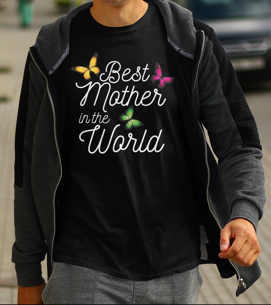 Best Mother In The World With Yellow Pink Green Butterflies T-Shirt