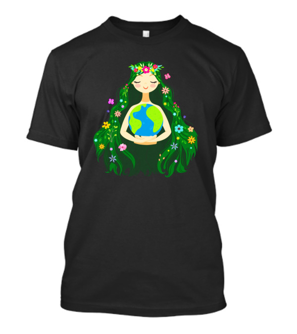 Beautiful Flower-Crowned Earth Mother Holding Planet With Flowing Green Hair And Colorful Flowers T-Shirt