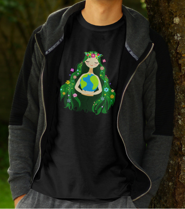 Beautiful Flower-Crowned Earth Mother Holding Planet With Flowing Green Hair And Colorful Flowers T-Shirt