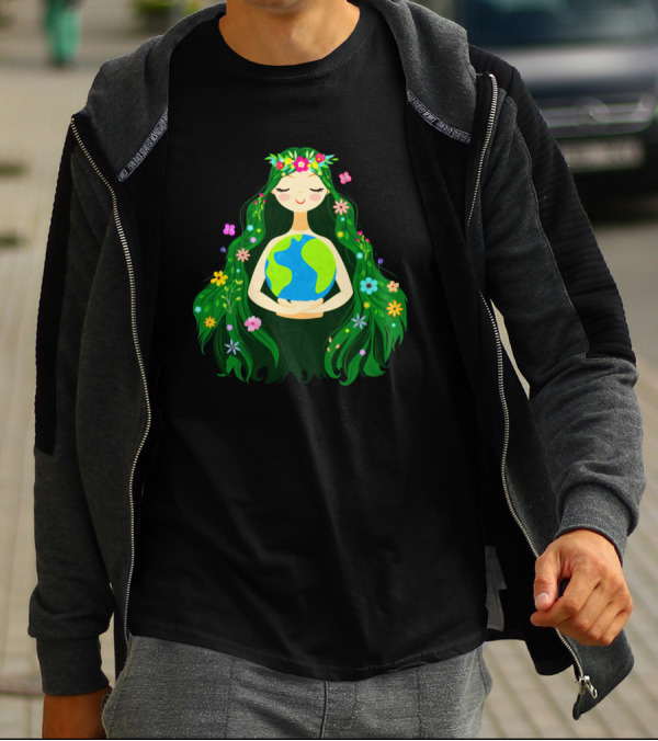 Beautiful Flower-Crowned Earth Mother Holding Planet With Flowing Green Hair And Colorful Flowers T-Shirt