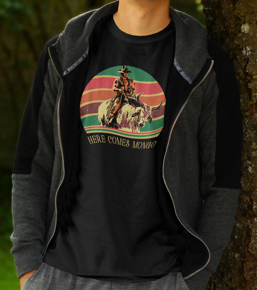 Blazing Saddles Here Comes Mongo Retro Sunset Style Cowboy And Bull T-Shirt