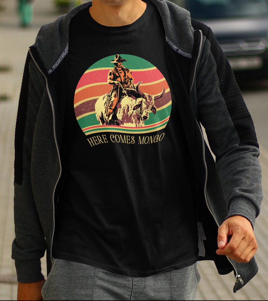 Blazing Saddles Here Comes Mongo Retro Sunset Style Cowboy And Bull T-Shirt