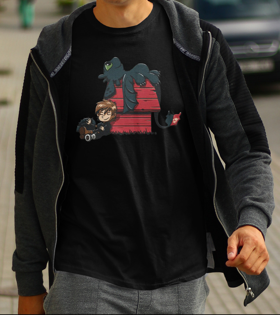 Hiccup And Toothless With Peanuts Red Doghouse T-Shirt