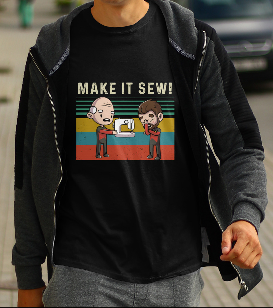 Make It Sew Featuring William Riker And Jean Luc Picard Sewing Machine T-Shirt