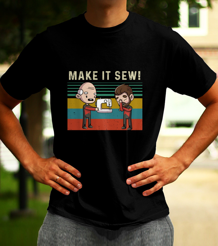 Make It Sew Featuring William Riker And Jean Luc Picard Sewing Machine T-Shirt