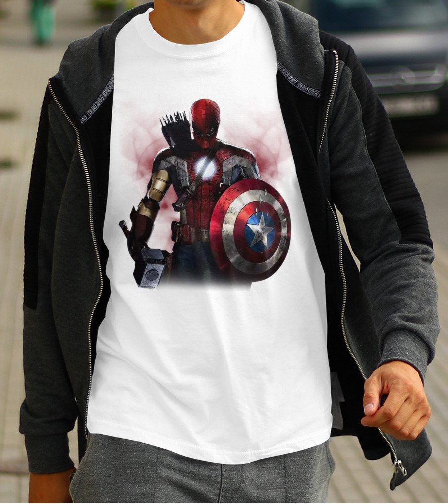 Overpowered Avengers Man Captain America Spider-Man Thor Iron Man Fusion With Shield And Mjolnir T-Shirt