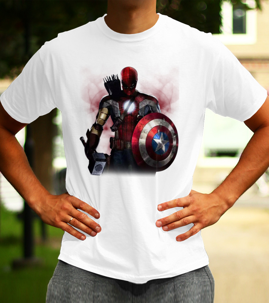 Overpowered Avengers Man Captain America Spider-Man Thor Iron Man Fusion With Shield And Mjolnir T-Shirt