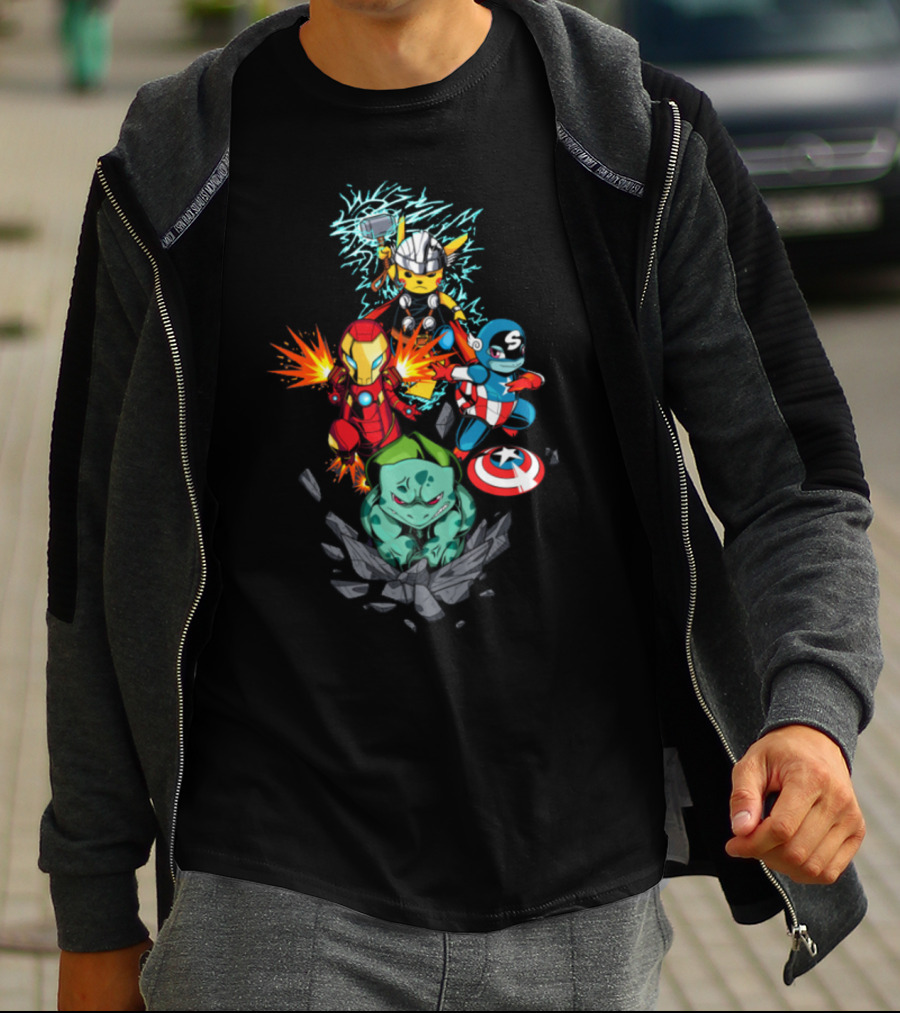 Avengers Pokemon Crossover Pikachu Thor Iron Man Bulbasaur Captain America T-Shirt