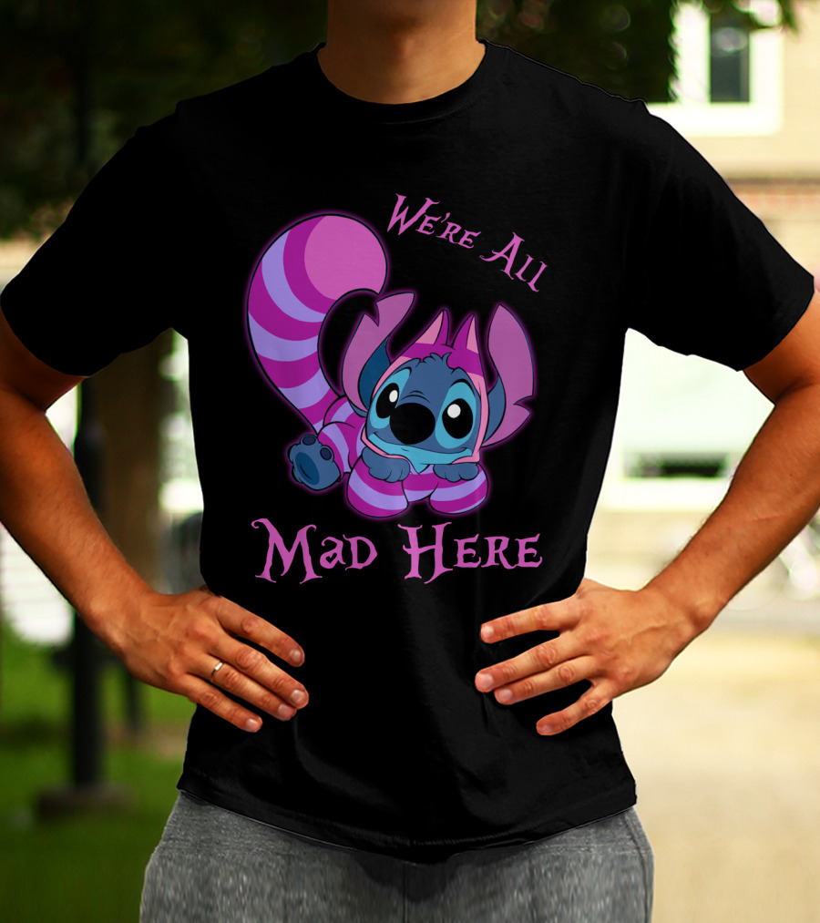 Stitch And Cheshire Cat We're All Mad Here Crossover T-Shirt