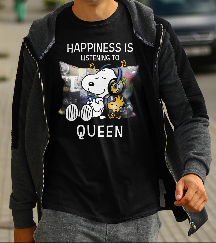 Happiness Is Snoopy And Woodstock Listening To Queen Music T-Shirt