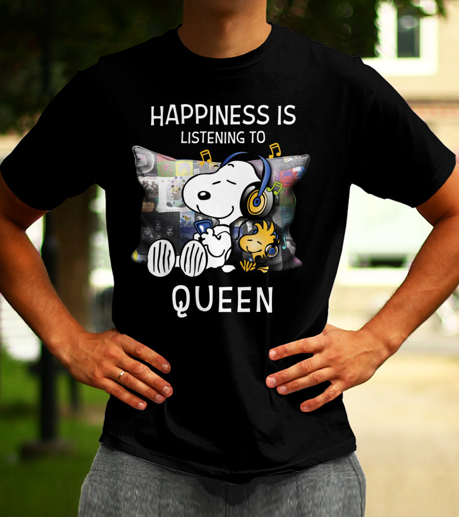 Happiness Is Snoopy And Woodstock Listening To Queen Music T-Shirt