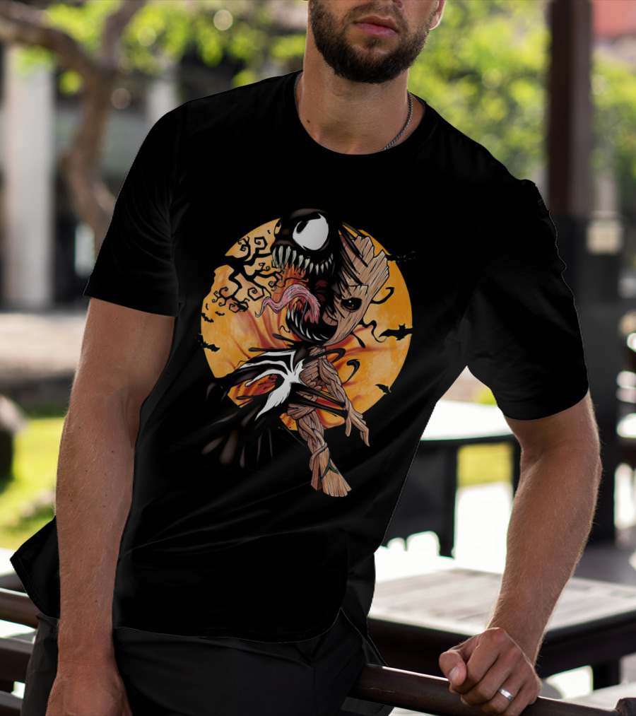 Baby Groot Venom Symbiote Halloween Moon Scene T-Shirt