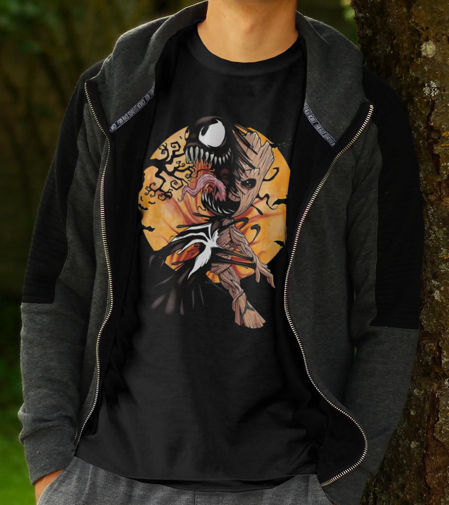 Baby Groot Venom Symbiote Halloween Moon Scene T-Shirt