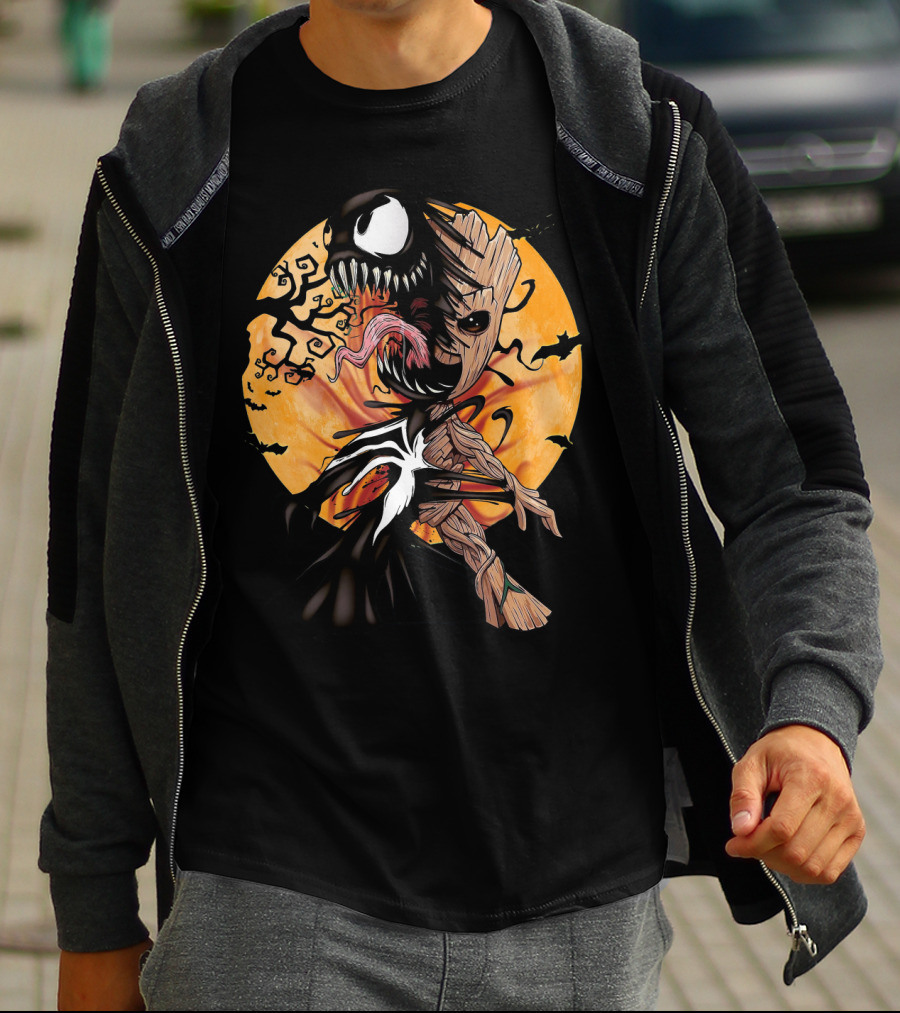 Baby Groot Venom Symbiote Halloween Moon Scene T-Shirt