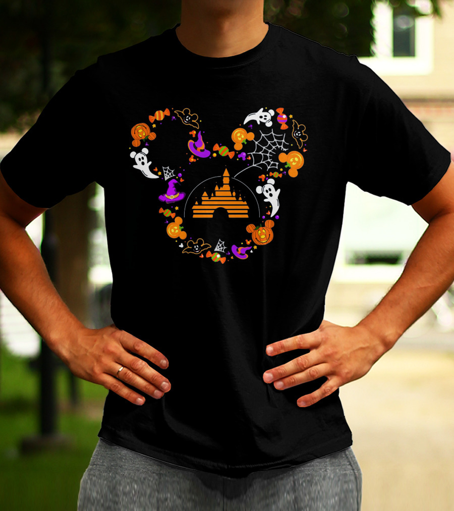 Mickey Mouse Halloween Candy Ghosts Pumpkins Magic Castle Spiderwebs T-Shirt