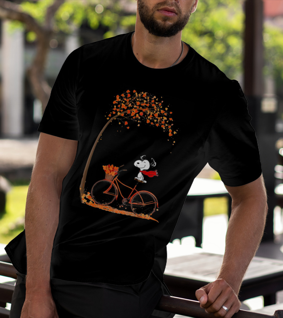 Snoopy Enjoying Autumn Leaves Bicycle Ride Under Fall Tree T-Shirt