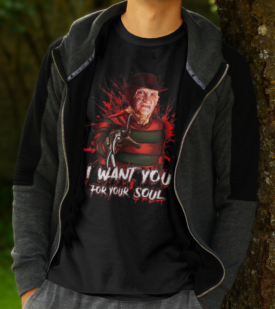 Freddy Krueger I Want You For Your Soul Horror Icon With Red And Green Stripes And Claw Glove T-Shirt