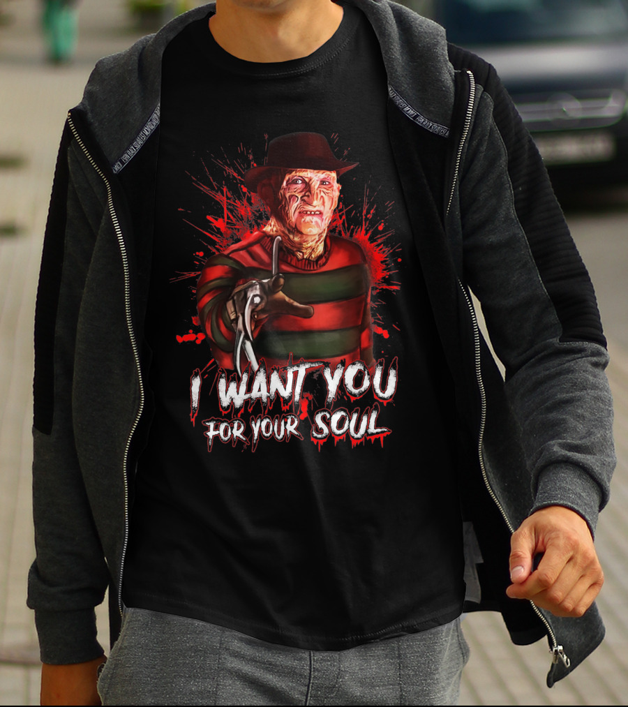 Freddy Krueger I Want You For Your Soul Horror Icon With Red And Green Stripes And Claw Glove T-Shirt