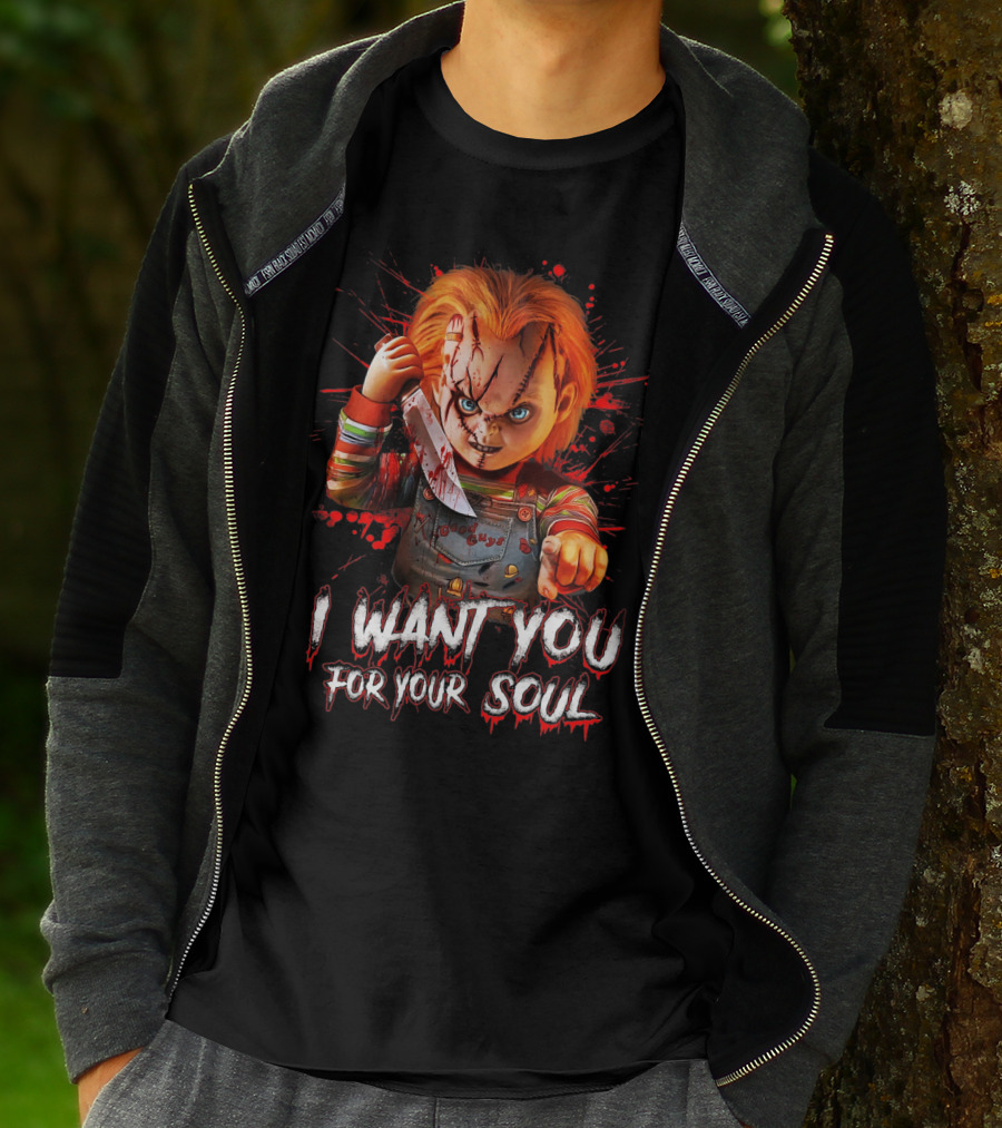 Chucky Horror Character With Knife I Want You For Your Soul T-Shirt
