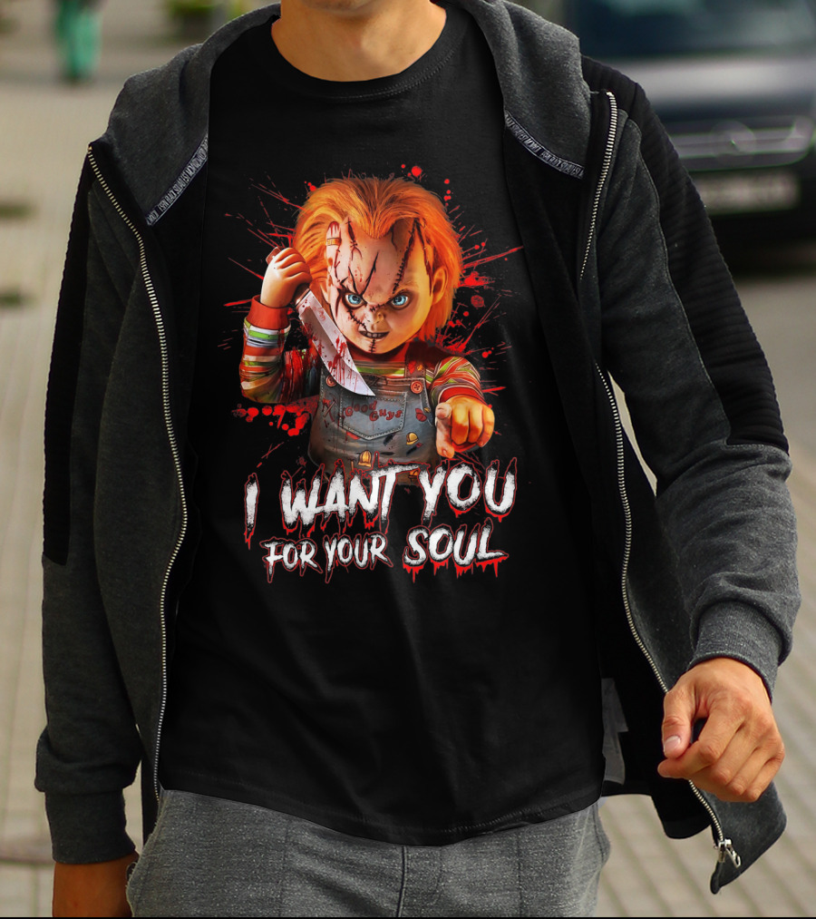 Chucky Horror Character With Knife I Want You For Your Soul T-Shirt