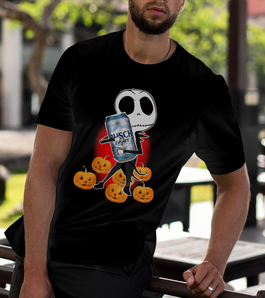 Jack Skellington Busch Light Hug Surrounded By Pumpkins Halloween T-Shirt