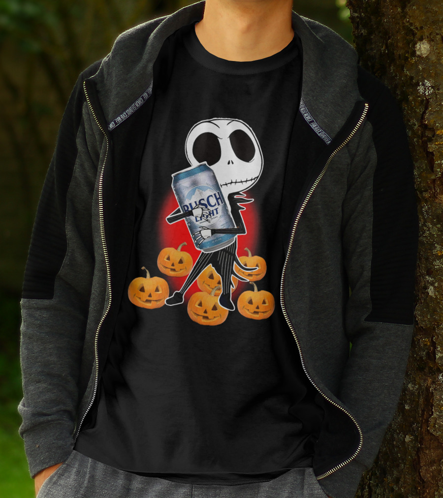 Jack Skellington Busch Light Hug Surrounded By Pumpkins Halloween T-Shirt