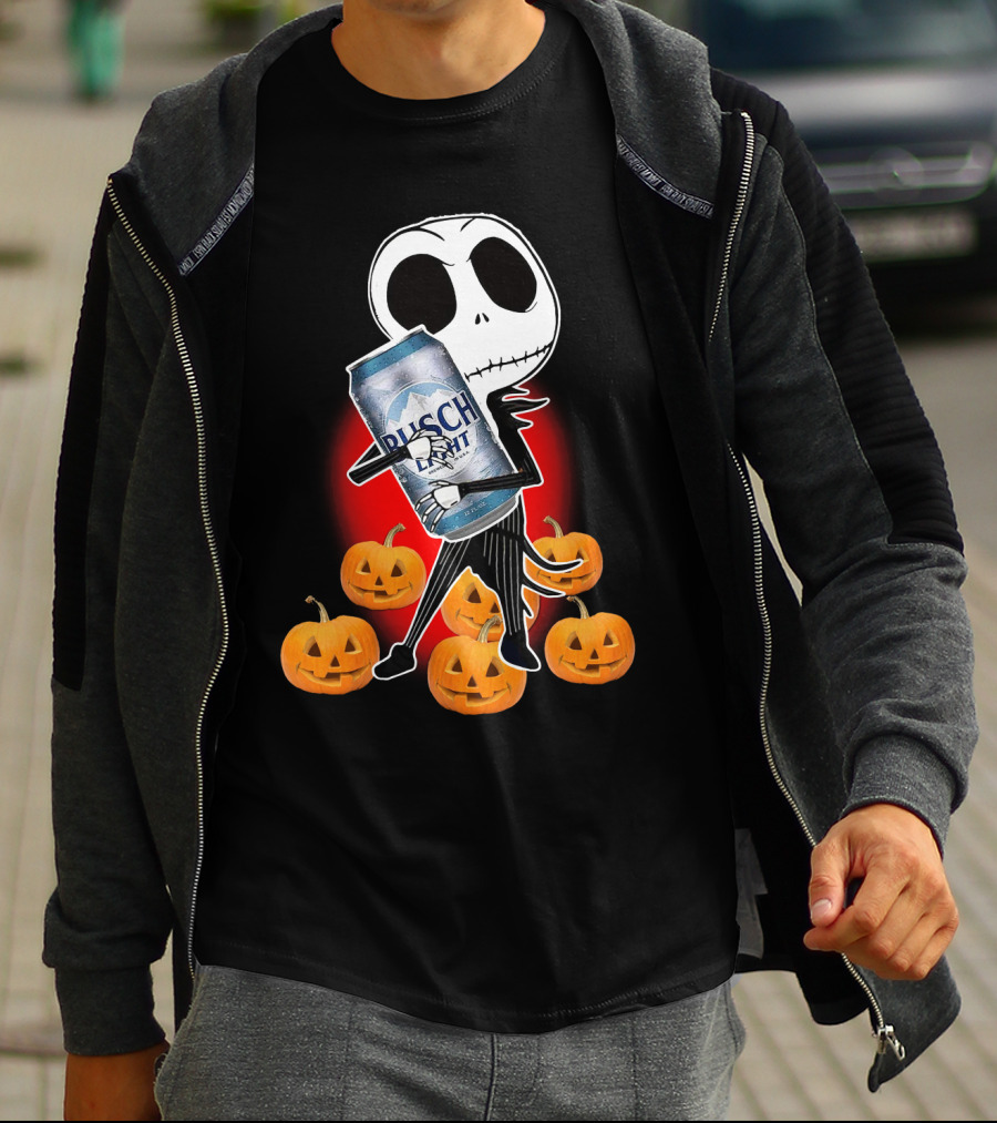 Jack Skellington Busch Light Hug Surrounded By Pumpkins Halloween T-Shirt