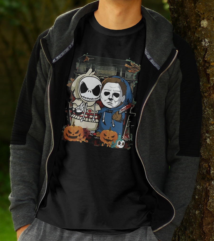Jack Skellington And Michael Myers Halloween Crossover With Haunted House And Pumpkins T-Shirt