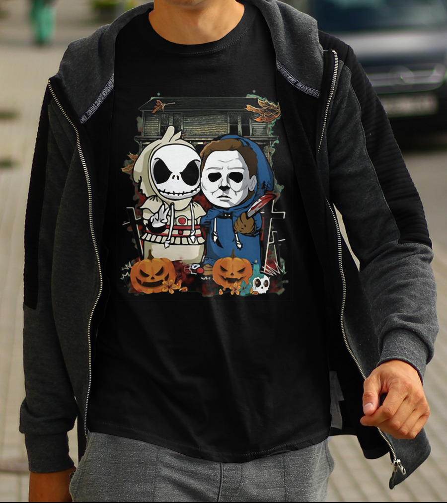 Jack Skellington And Michael Myers Halloween Crossover With Haunted House And Pumpkins T-Shirt