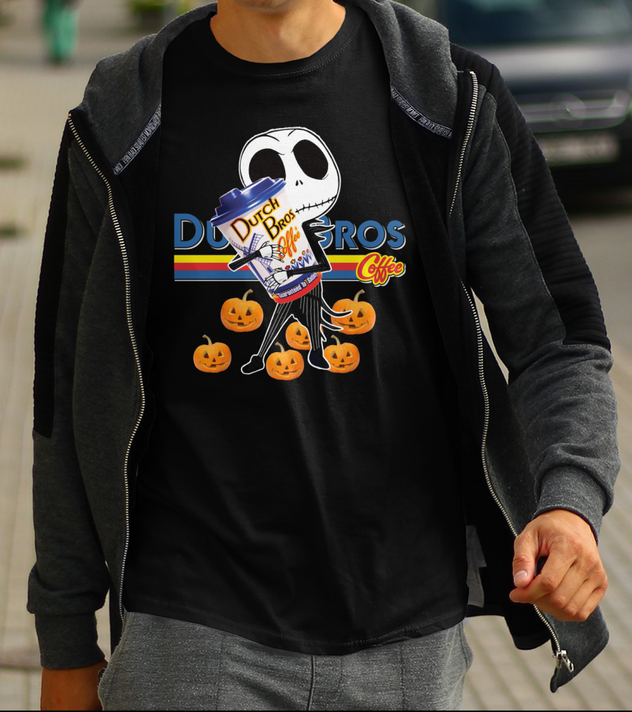 Jack Skellington Holding Dutch Bros Coffee Cup Surrounded By Pumpkins T-Shirt