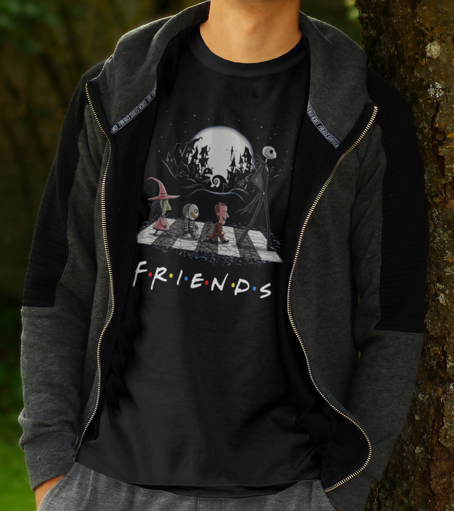 Friends Nightmare Before Christmas Characters Abbey Road Parody With Full Moon Background T-Shirt