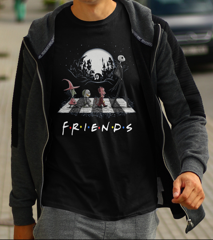 Friends Nightmare Before Christmas Characters Abbey Road Parody With Full Moon Background T-Shirt