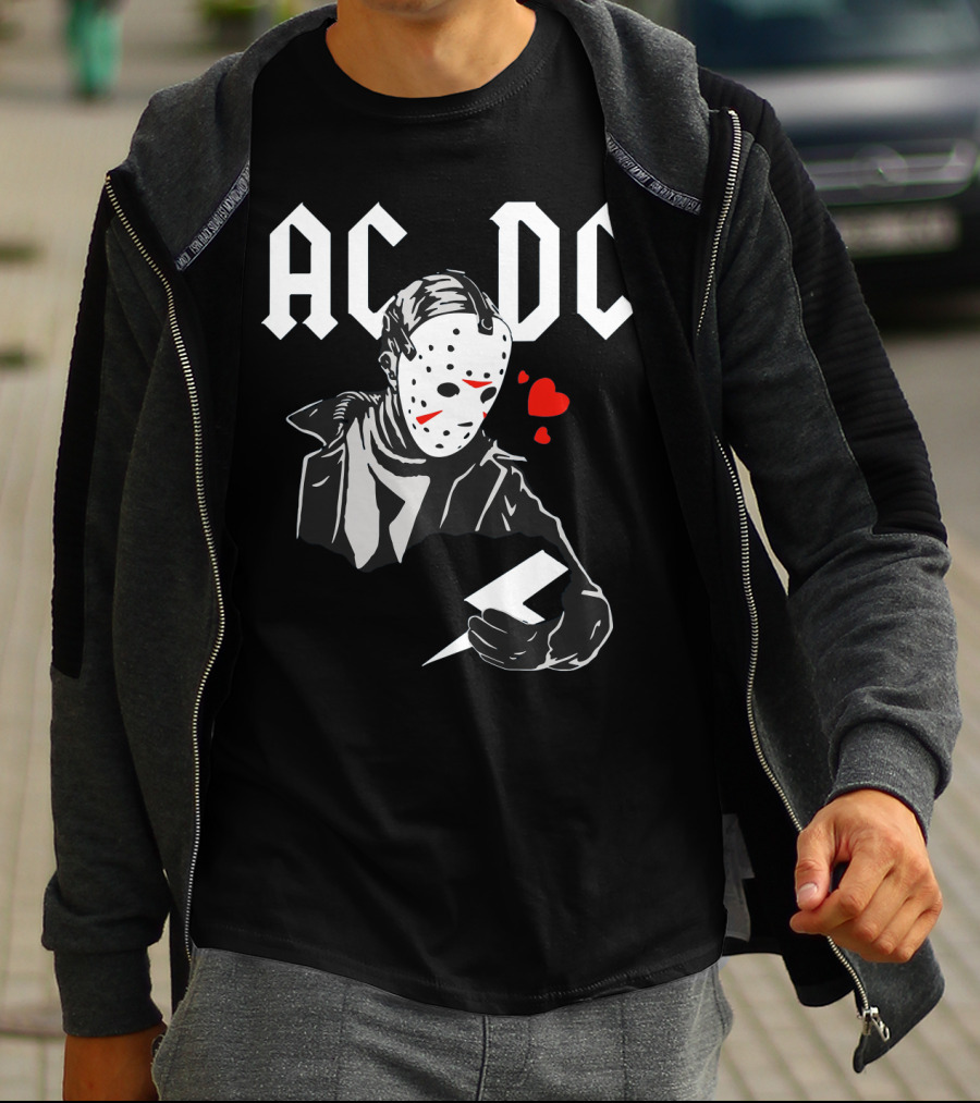 Acdc Jason Voorhees Mask Holding Lightning Bolt With Hearts T-Shirt