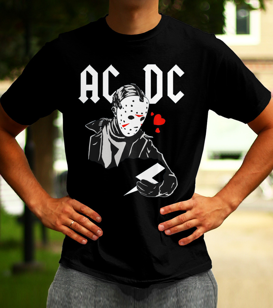 Acdc Jason Voorhees Mask Holding Lightning Bolt With Hearts T-Shirt