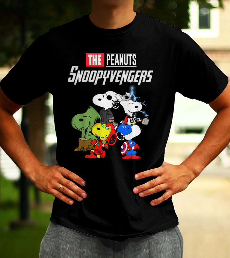 The Peanuts Snoopyvengers Marvel Avengers Endgame Crossover With Snoopy As Iron Man Captain America Thor Hulk Black Widow T-Shirt