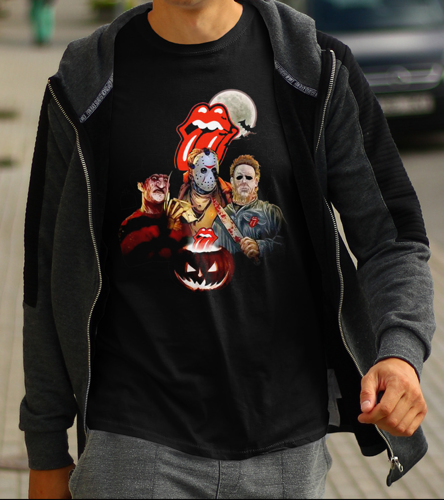 Michael Myers Voorhees Freddy Horror Mashup Halloween Moon Pumpkins Bats Tongue T-Shirt