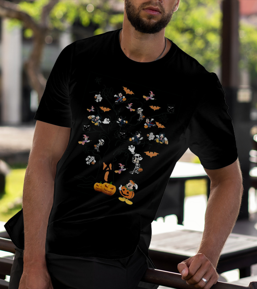 Mickey Mouse Halloween Tree With Pumpkins And Skeleton Costumes T-Shirt