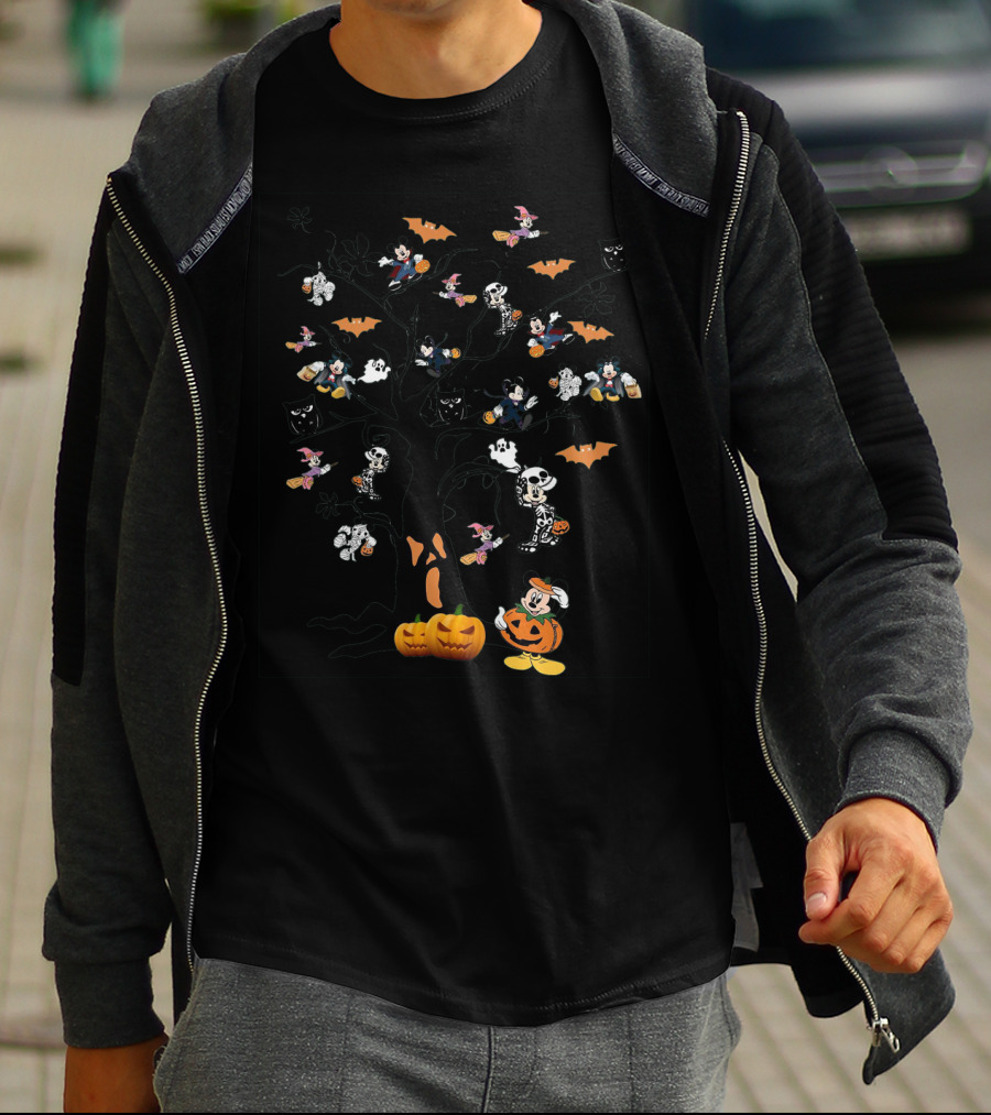 Mickey Mouse Halloween Tree With Pumpkins And Skeleton Costumes T-Shirt
