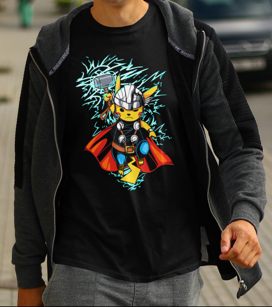 Pikachu Wielding Thor's Hammer With Lightning And Armor T-Shirt