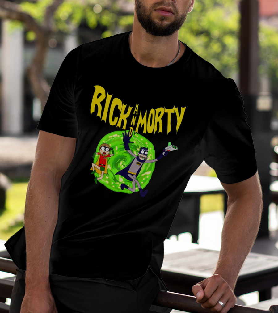 Rick And Morty In Batman Costumes With Portal Gun And Swirling Green Portal T-Shirt