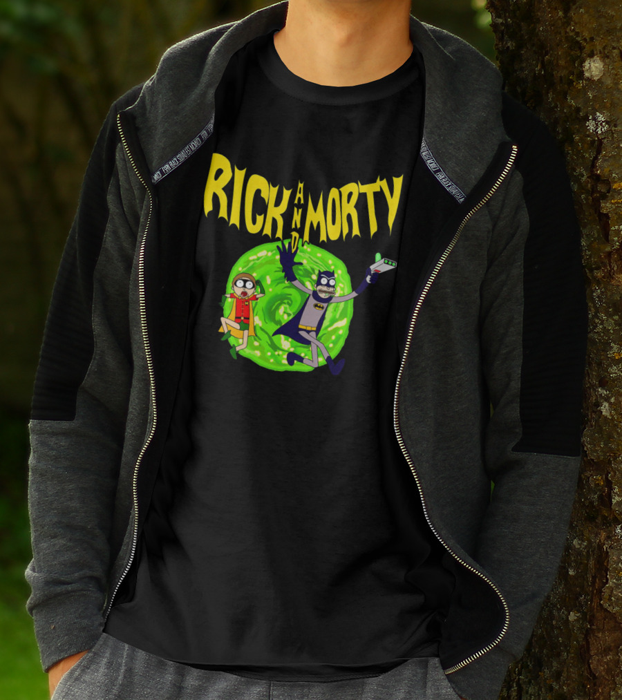 Rick And Morty In Batman Costumes With Portal Gun And Swirling Green Portal T-Shirt