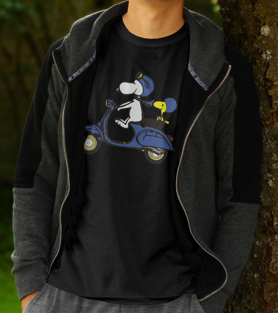 Snoopy And Woodstock Riding Blue Vespa With Helmets T-Shirt