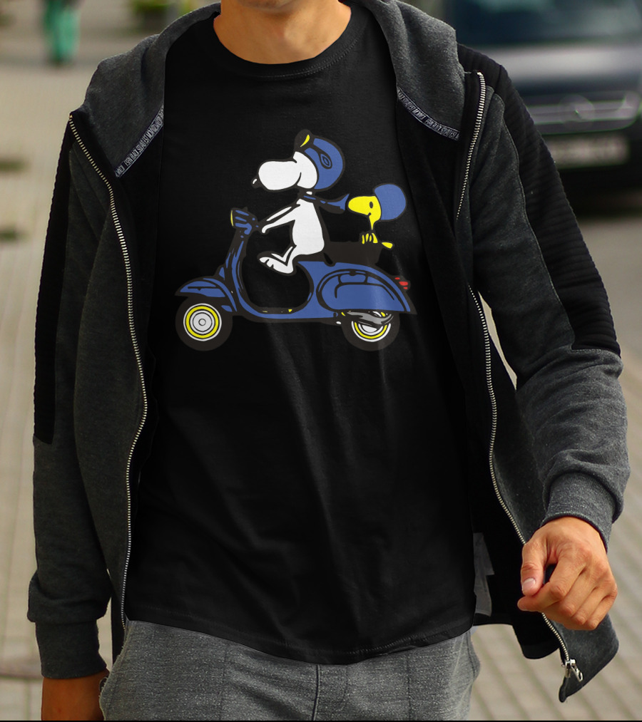 Snoopy And Woodstock Riding Blue Vespa With Helmets T-Shirt